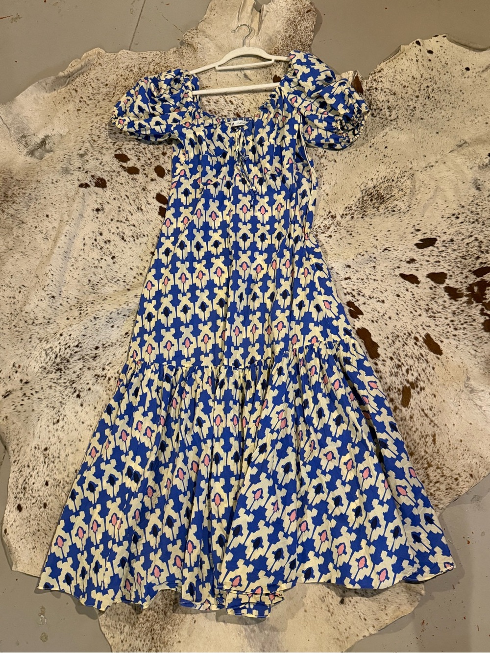 Zara Blue Floral Maxi Dress with Puff Sleeves L